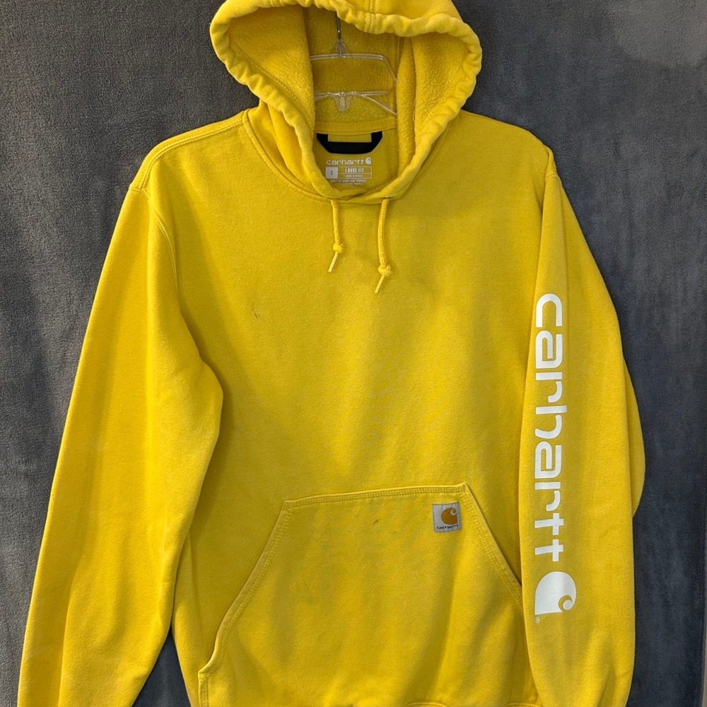 Carhartt Hoodie Mens Small Yellow Loose Fit Midweight Logo Sleeve Sweatshirt